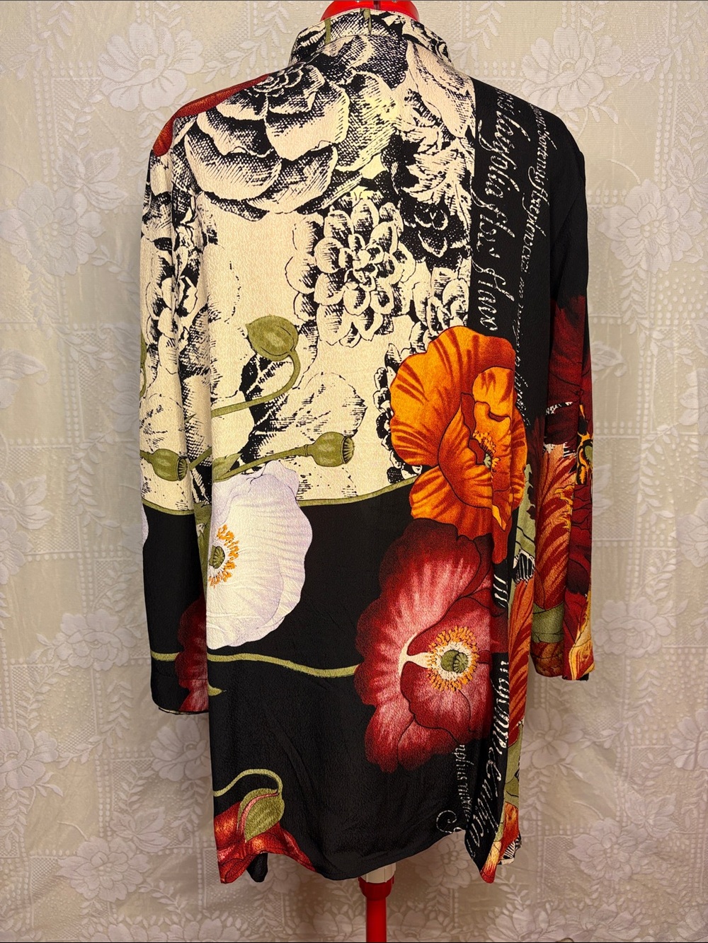 *New* Citron 100% Silk Vintage Black Button-Front Poppy Floral Shirt Tunic - Picture 9 of 16